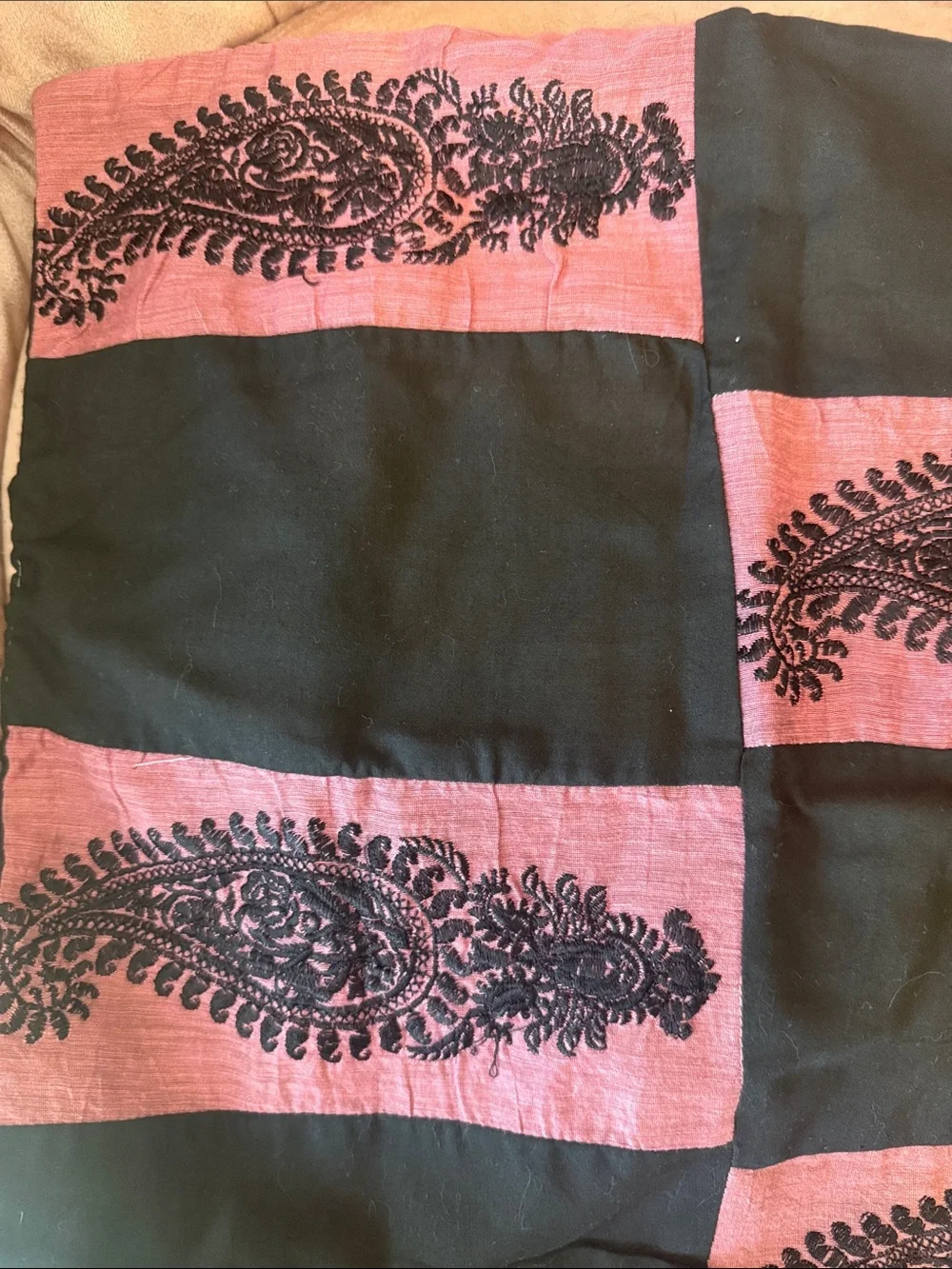 NWOT Embroidered Black and Mauve Patchwork Pillow Cover
